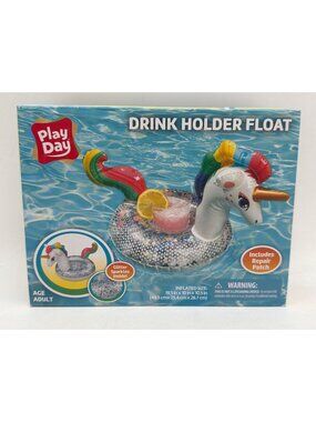 Play Day Inflatable Unicorn Drink Holder Float With Glitter Sparkles & Repair Pa